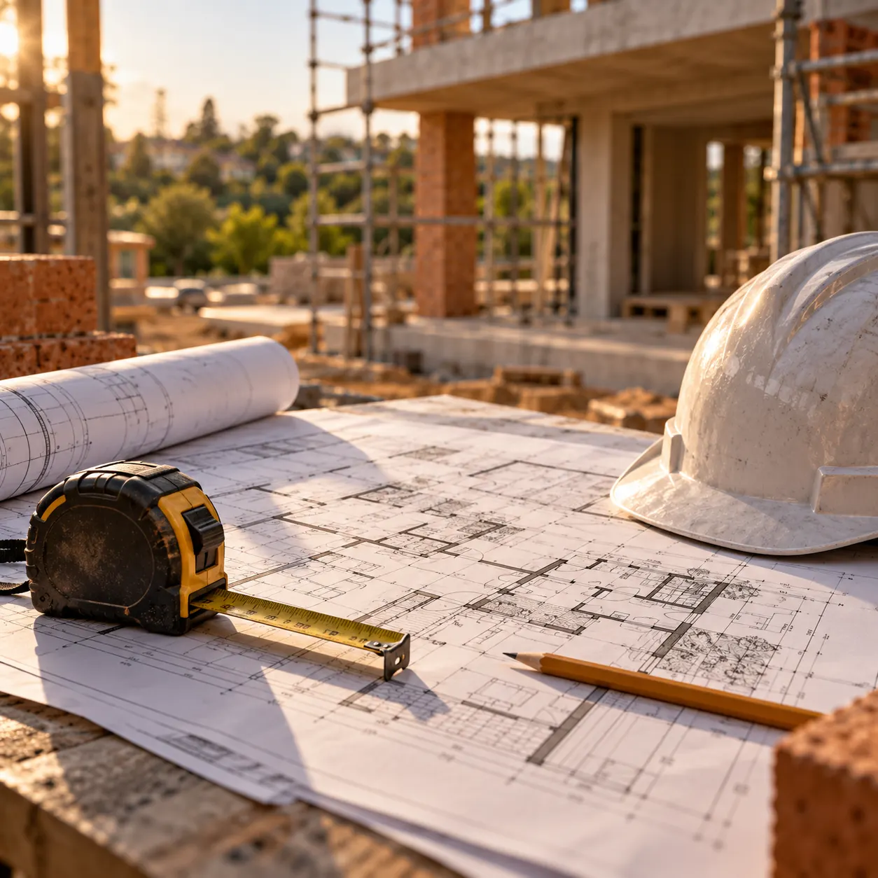 House plans, tape measure and hard hat on a site workbench